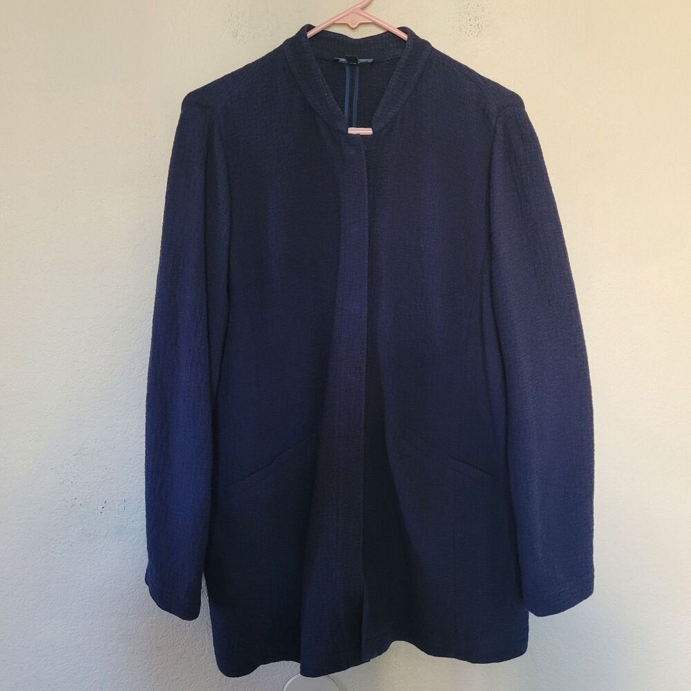 Eileen Fisher Organic Cotton Blend Pucker Longline Band Collar Jacket Navy PS